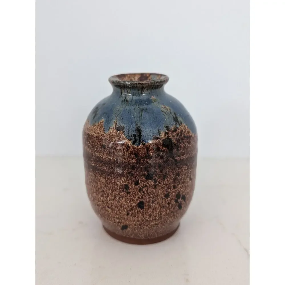 Signed Studio Pottery Jar-bottle-vase Handmade Hand-Painted Brown Blue 4.5×3
